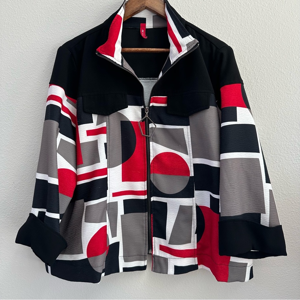 IC by Connie K Red Black Grey Graphic Abstract Colorblock Jacket 1X